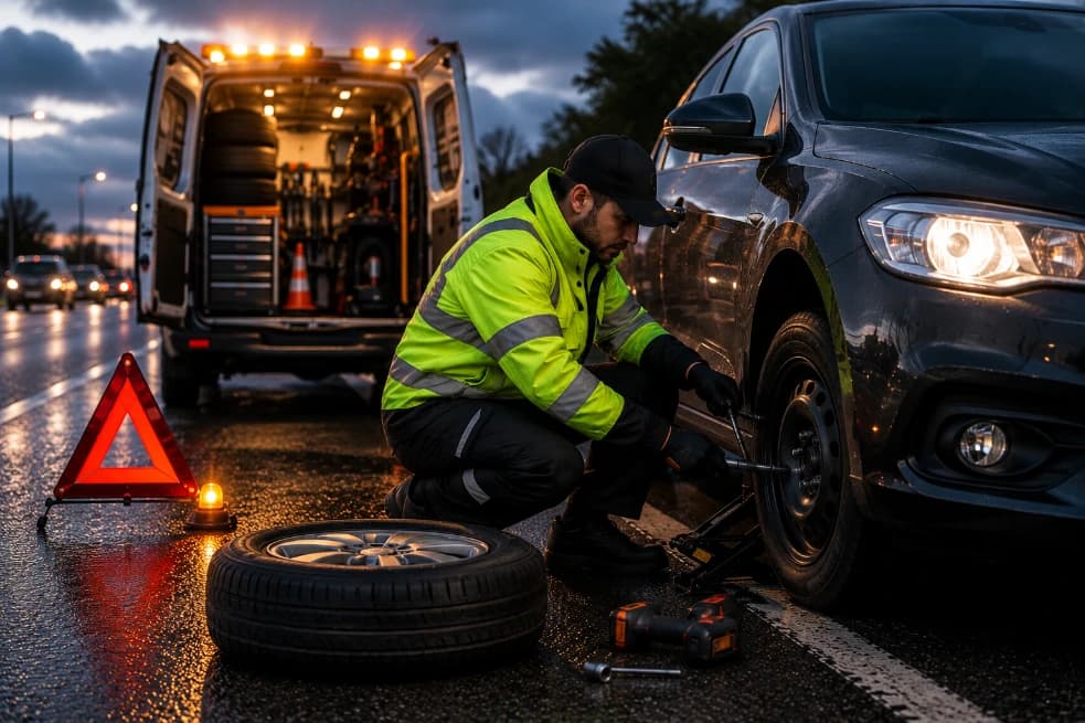 A Mobile Tyre Assist technician providing 24/7 emergency roadside assistance at night