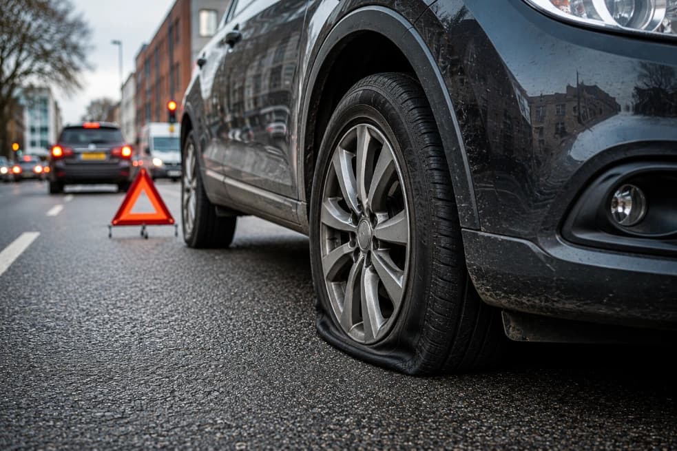 A flat tyre on a car in a busy city street