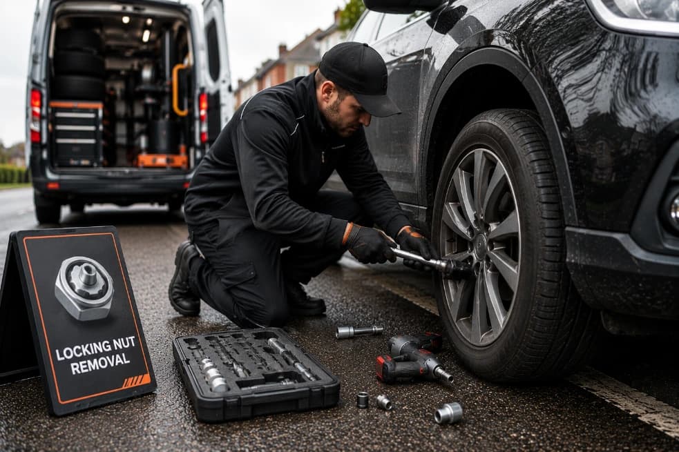 A Mobile Tyre Assist technician removing a locking wheel nut