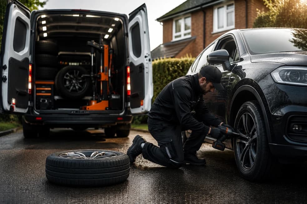 A Mobile Tyre Assist technician fitting a tyre in a residential driveway