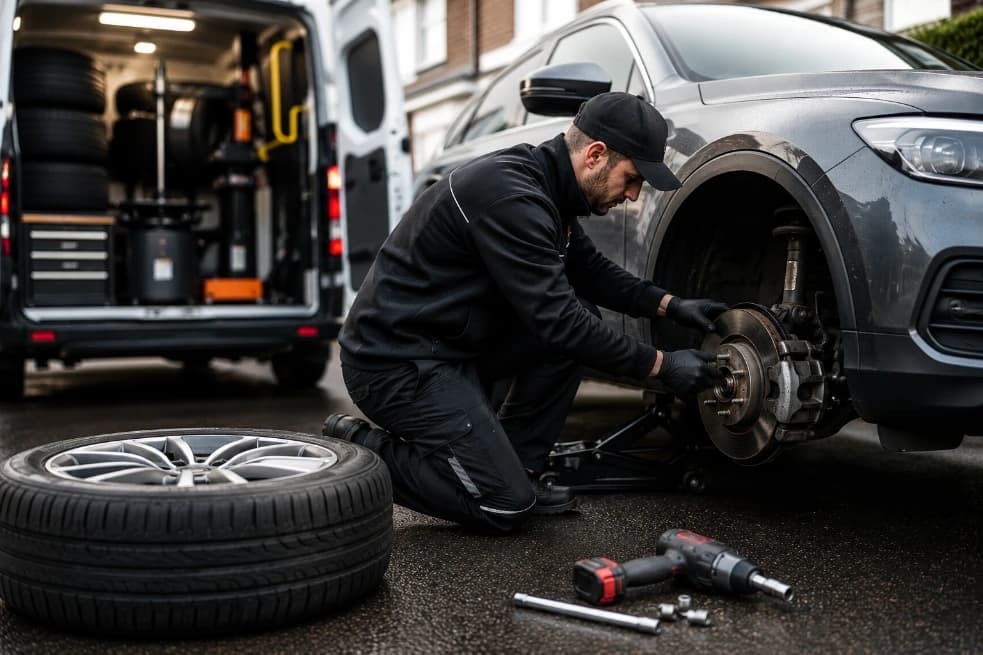 A Mobile Tyre Assist technician performing a precision wheel and brake repair