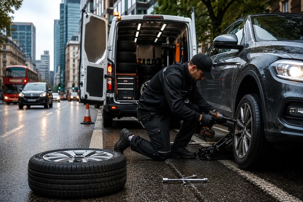 A Mobile Tyre Assist technician replacing a tyre on a city street