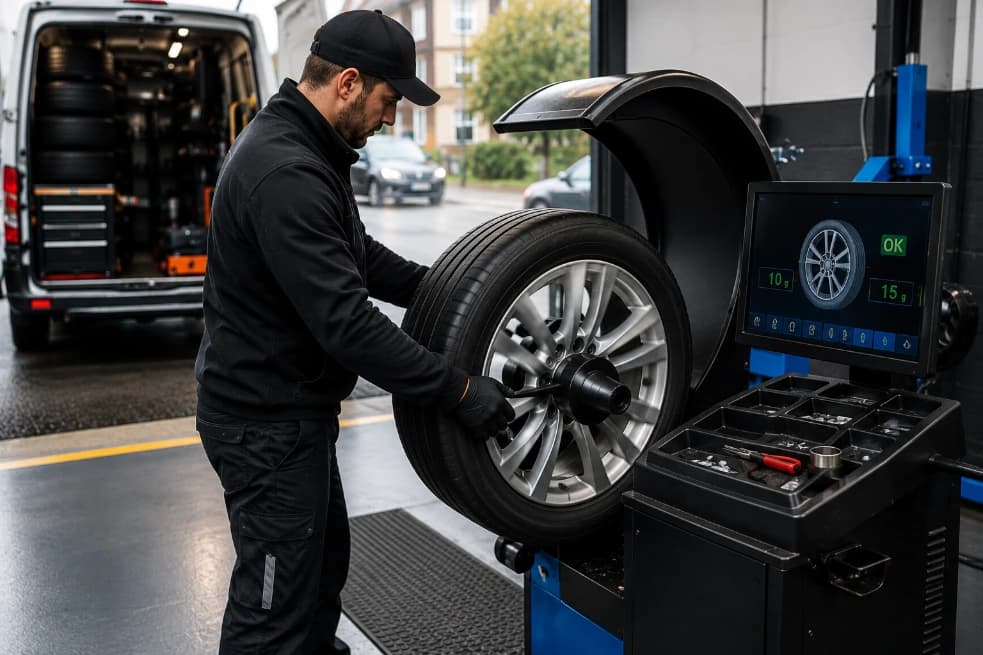 A Mobile Tyre Assist technician using digital wheel balancing equipment